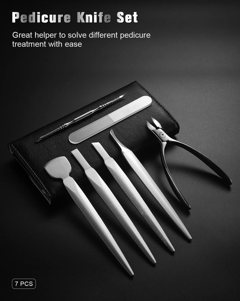 FERYES Pedicure Knife Ingrown Toenail Kit, 7 PCS Professional Pedicure Tool Toenail Grooming Kit, Top Notch Foot Blade, Super Sharp Toenail Clippers (Leather case included) 7PCS