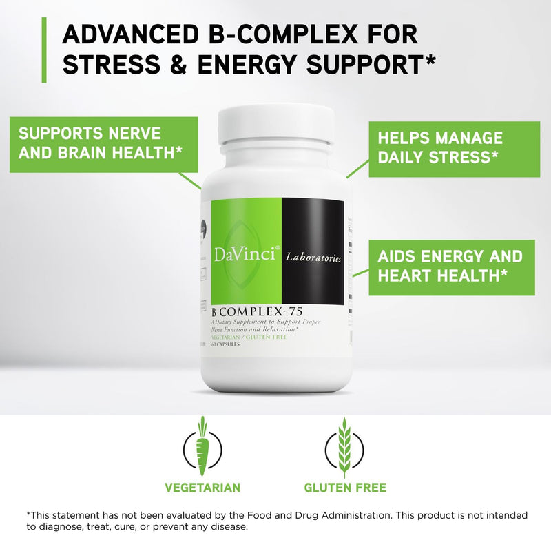 DAVINCI Labs B Complex-75 - Supports Relaxation and Proper Nerve Function* - Dietary Supplement with Niacin, Vitamin B6, B12, Biotin, Choline and More - Vegetarian - Gluten-Free - 60 Capsules