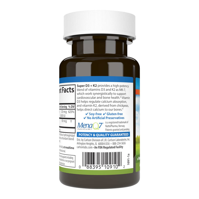 Carlson Super D3 + K2, 125 mcg (5000 IU), 45 Vegetarian Capsules | Vitamin D3; 90 mcg Vitamin K2 as MK-7; Bone Support; Calcium Absorption 45 Count (Pack of 1)