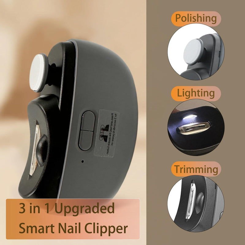 Electric Nail Clipper - 3 in 1 Upgraded Smart Trimming & Polishing Nail Clipper with 2 Adjustable Speeds, LED Light & Chip Collecting Box, Suitable for Adults, Elderly（Gray） Gray