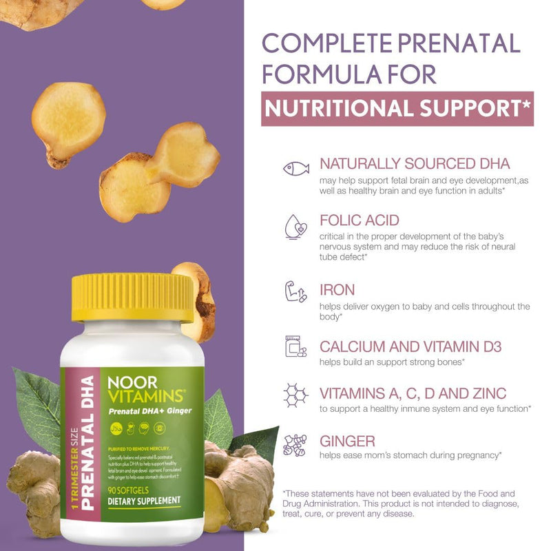Noor Vitamins Halal Prenatal Vitamins with DHA and Folic Acid, Essential Vitamins, Ginger to Soothe Mom's Stomach, Iron, Softgels, Prenatal Vitamin Before/During/Post Pregnancy (3 Months Supply) 90 Count (Pack of 1)
