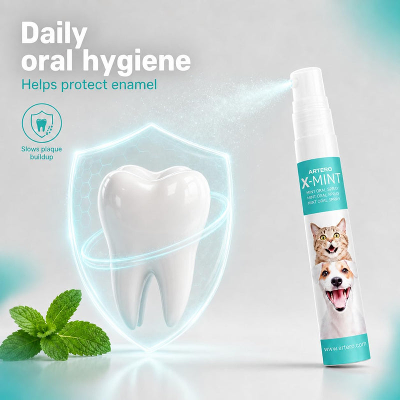 ARTERO X-Mint. Instantly removes bad breath from your dog or cat. Maintains oral hygiene. Pleasant taste. Protects enamel. Easy to apply with diffuser spray.