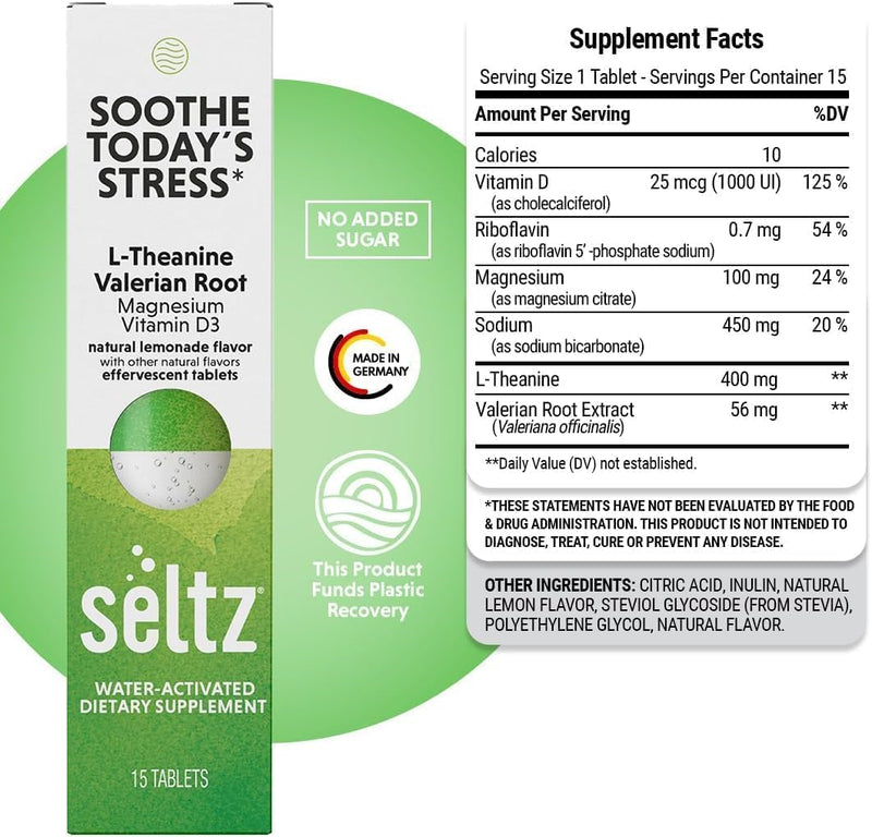 Seltz Stress Support Drink Tablets, Effervescent L-Theanine with Magnesium | Daily Balance, Daily Calm, Focus Support, No Sugar Added, Drop Fizz and Drink, Supports Hydration, 90 Tablets, 6 Pack 90 Tablets (pack of 6)