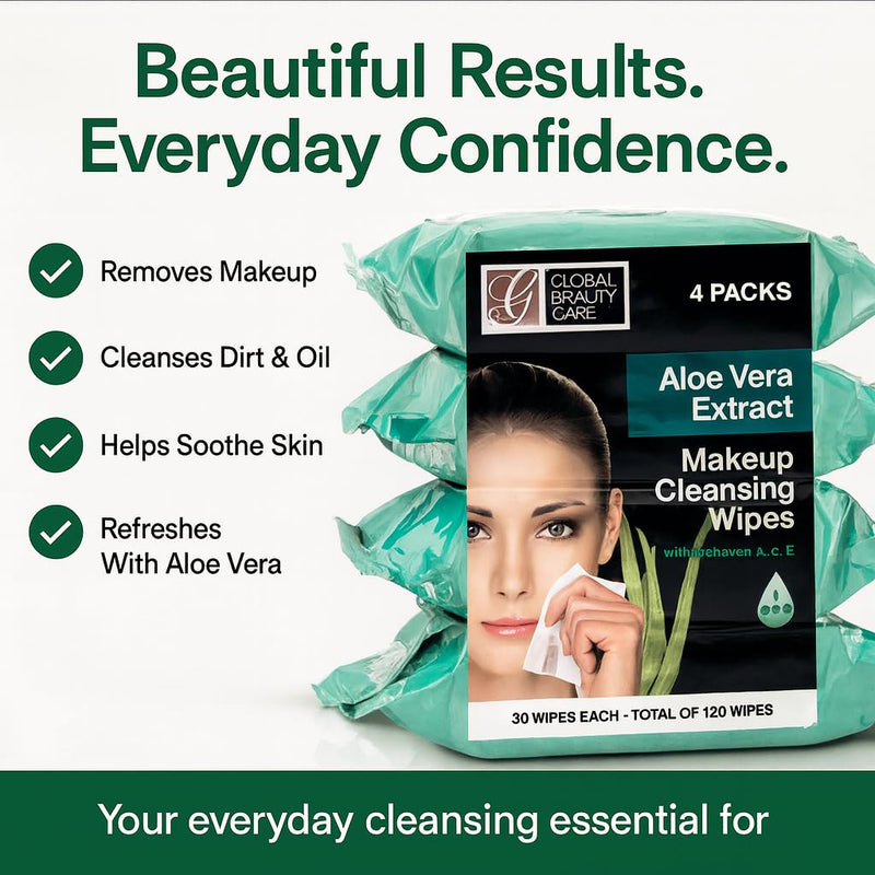 Global Beauty Care Aloe Vera Waterproof Makeup Remover Face Cleansing Wipes | Supports Hydrates Skin, Removes Waterproof Makeup, Lifts Oil & Dirt, Vitamins A, C & E, All Skin Types, 120 Wipes (4-Pack) 30 Count (Pack of 4)