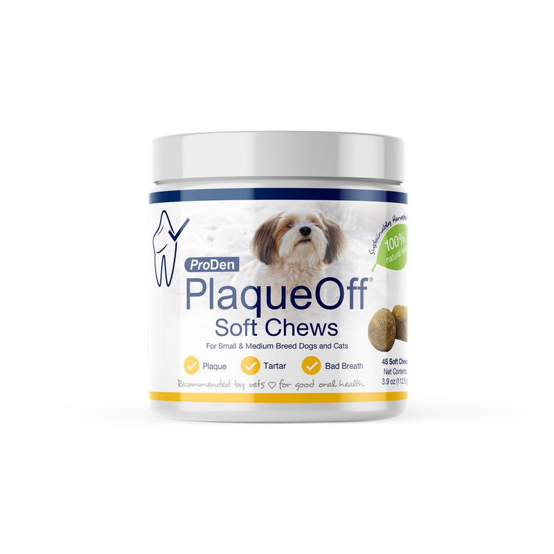 ProDen PlaqueOff Soft Chews with Organic Kelp - for Small & Medium Breed Dogs & Cats - Supports Normal, Healthy Teeth, Gums, and Breath Odor in Dogs & Cats - 45 Soft Chews Small Medium Breed Dogs 0.14 Ounce (Pack of 45)