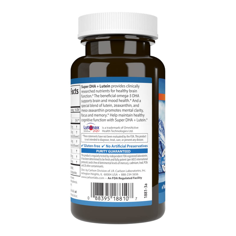 Carlson Super DHA Plus Lutein, 1000 mg, DHA, 20 mg Lutein, 60 Softgels | Lutemax 2020; Wild Caught; Sustainably Sourced