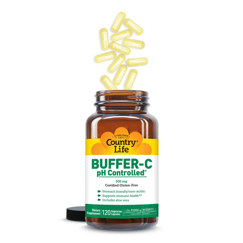 Country Life Buffer-C Vitamin C 500 mg, 120 Vegetarian Capsules | pH-controlled, stomach-friendly formula with quercetin for daily immune support