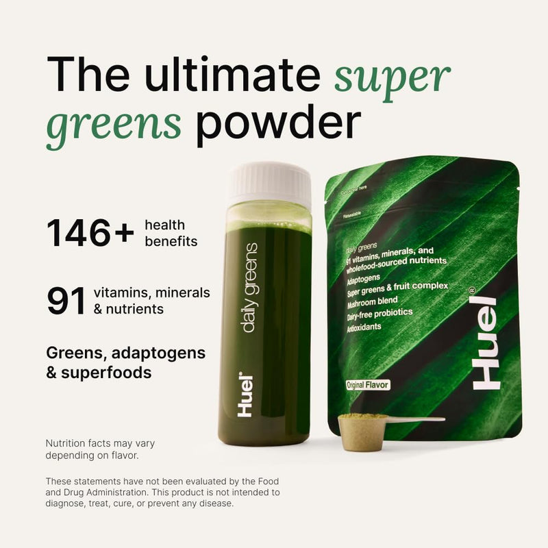 Huel Daily Greens | Superfood Greens Powder | Adaptogens & Probiotics | Original Flavor | 30 Servings | 91 Vitamins, Minerals, and Wholefood-Sourced Ingredients | Adaptogens & Antioxidants 9 Ounce (Pack of 1)