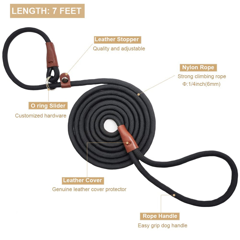 BTINESFUL Slip Lead Dog Leash, Strong Nylon Rope , 1/4 & 1/2 inch Diam Dog Training Lead for Small Medium Large Dogs (1/4" * 7 FT, Black) 1/4" * 7 FT - BeesActive Australia