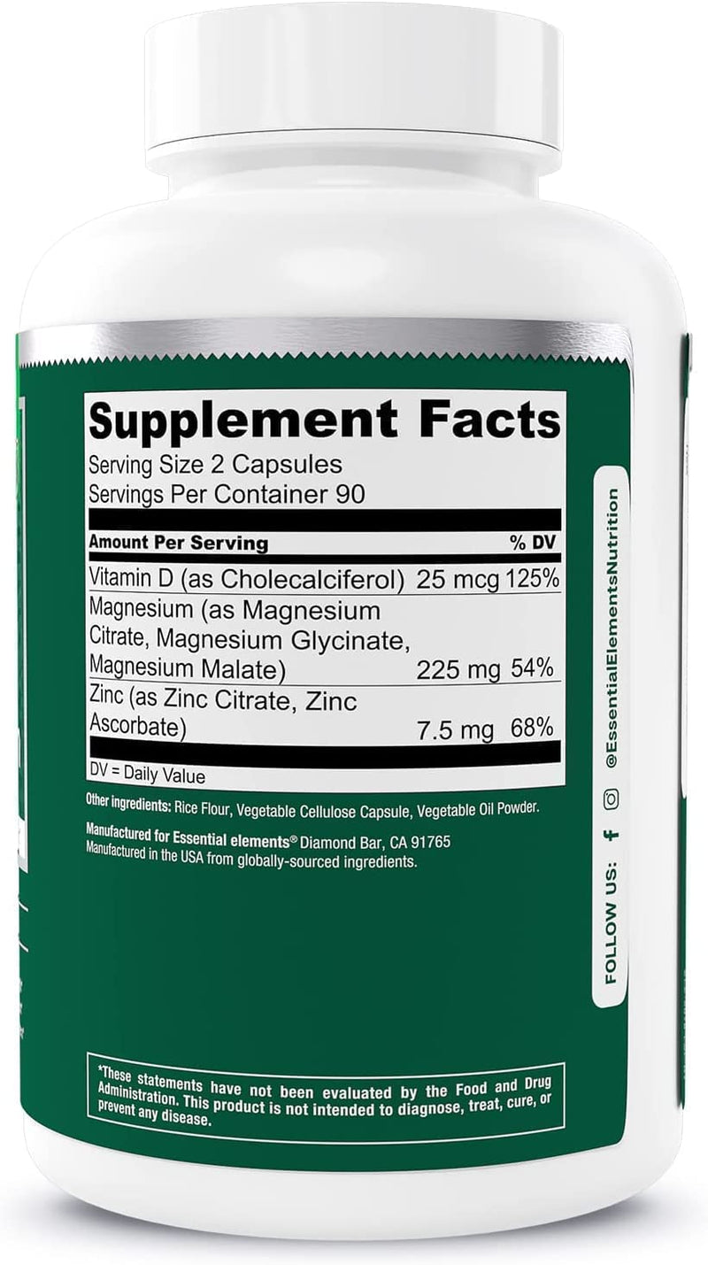 Essential Elements Magnesium Plus Zinc with Vitamin D3 - Scientifically Formulated Heart, Bone, & Muscle Support - 225mg Triple-Strength Magnesium Complex with Glycinate, Malate, Citrate - 360 Count 180 Count (Pack of 2)