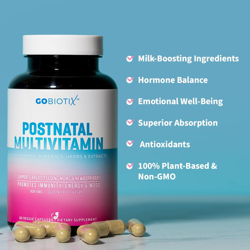 GOBIOTIX Postpartum Vitamins for Breastfeeding Moms - Postnatal Lactation Supplement with Organic Herbs, Minerals, Nutrients for New Mothers and Baby - Postpartum Essentials, Non GMO, Vegan, 60 Caps Postnatal Vitamins