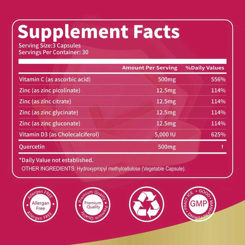 Quercetin with Vitamin C and Zinc,Support Immune| 90 Capsules | Quercetin 500mg, Vitamin C 500mg, Zinc 50mg (Picolinate, Citrate, Glycinate, Gluconate)