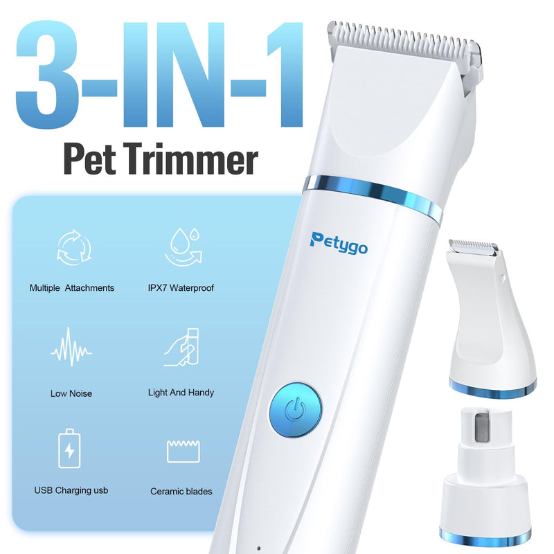 3-in-1 Dog Grooming Clippers Kit - Rechargeable Low Noise Pet Trimmer Set with Paw Trimmer, Cordless Nail Grinder, Shaver for Small Dogs & Cats - Includes 4 Guide Combs & USB Cable - BeesActive Australia