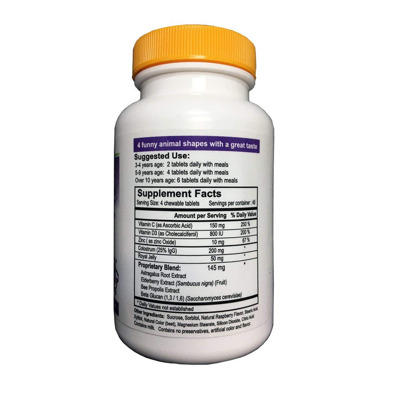 Kidmune Kids Immune Support Chewable Tablets with Colostrum, Propolis, Beta Glucan & Astragalus - Elderberry, Vitamin C, D, Zinc - 180 Mini Tablets, Fun Animal Shapes
