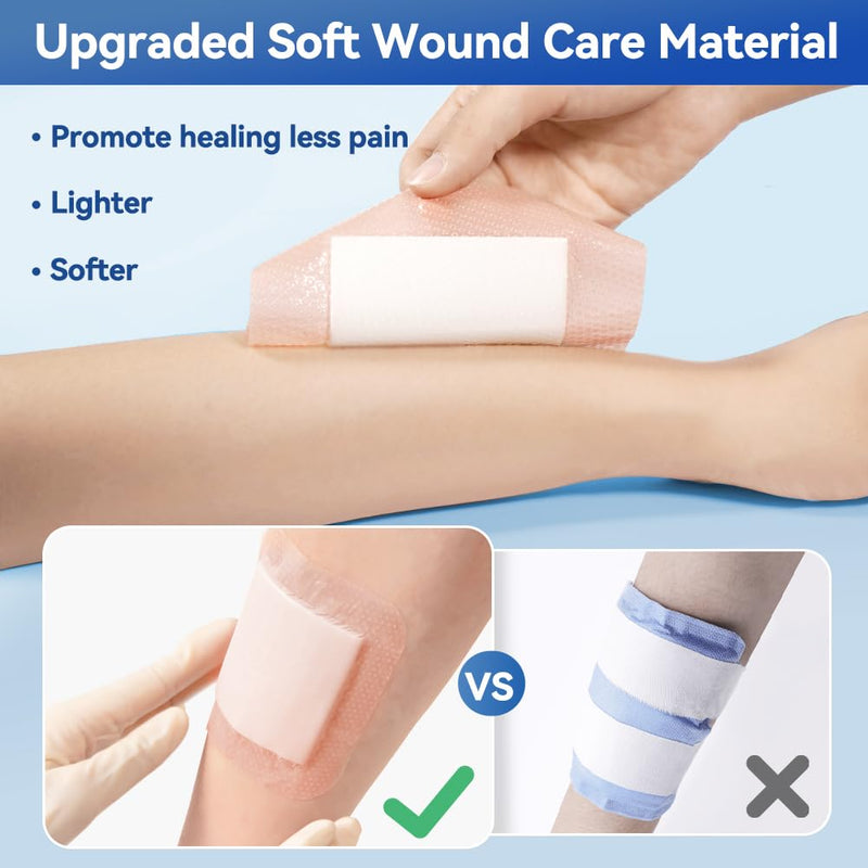 Dimora 20 Count Silicone Super Absorbent Wound Dressing - 4" x 8" Soft Gauze Pads for Bed Sores Leg Ulcers Post Surgical Incisions, Adhesive Wound Bandage with Gentle Border 4"x 8" - 20 pcs