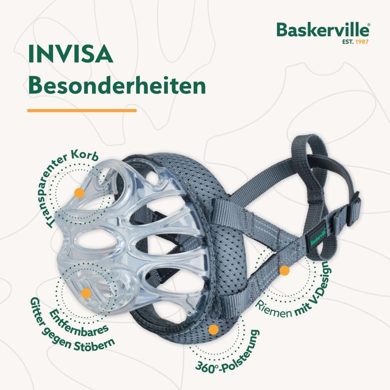 Baskerville INVISA Muzzle - Patented Dog Friendly Design, Dogs Can Pant/Drink, Adjustable Padded Muzzle for Medium Dogs, Prevents Biting and Groping (Size 3) Clear - BeesActive Australia