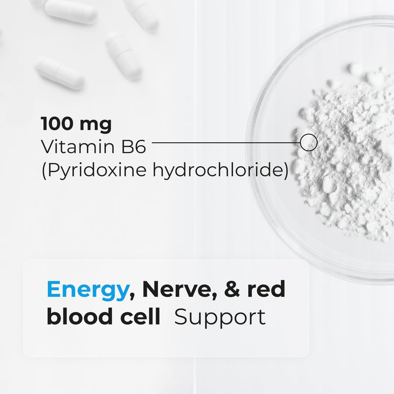 Biogenique Vitamin B6 100 mg - Capsules B6 Pyridoxin - Supports Energy Production & Metabolism - 2 Months Supply Vitamin B6 Supplement Made in Canada, Non-GMO, Vegan (60 Count) 60 Count (Pack of 1)