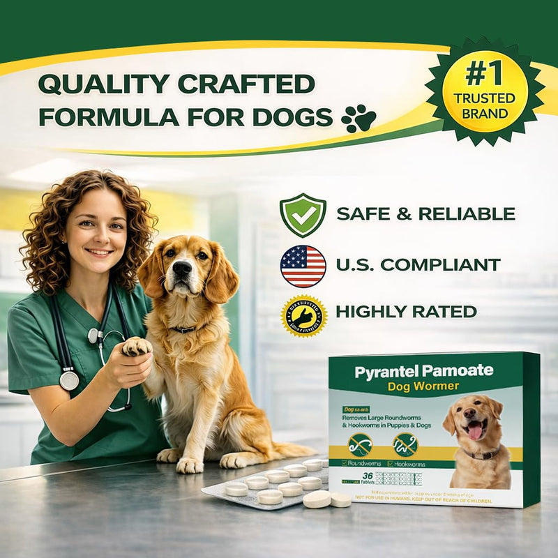 Dog Dewormer Pyrantel Pamoate, Chewable Tablets for Dogs & Puppies, Roundworms & Hookworms, Easy Dosing, 36 Tablets