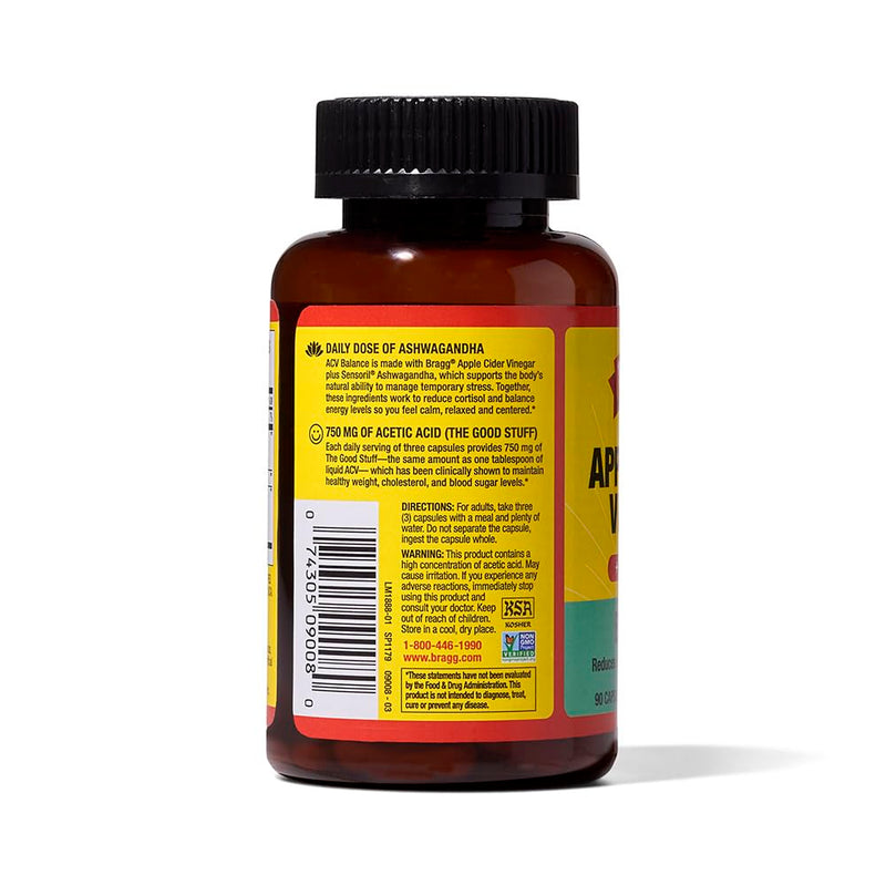 Bragg Daily Balance Apple Cider Vinegar and Sensoril Ashwagandha Capsules - 750mg of Acetic Acid ‚Äì Energy & Weight Management Support - (90 Pills)