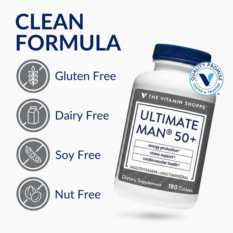 The Vitamin Shoppe Brand Ultimate Man 50+ Multivitamin, 180 Tablets | Daily Multivitamin for Men With Vitamins, Minerals & Antioxidants for Energy, Immune & Overall Wellness Support, Gluten Free