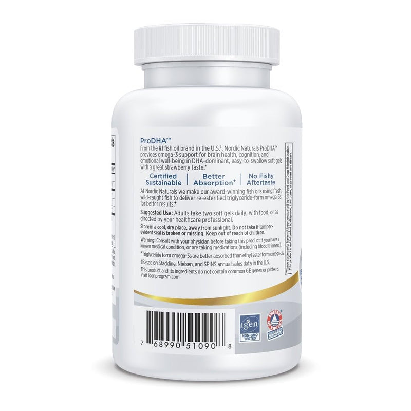 Nordic Naturals ProDHA, 830mg Omega-3, High-Intensity DHA - 120 Count | Omega-3 with high DHA for brain health, mood support & memory. Strawberry soft gels. Non-GMO certified. 60 servings.