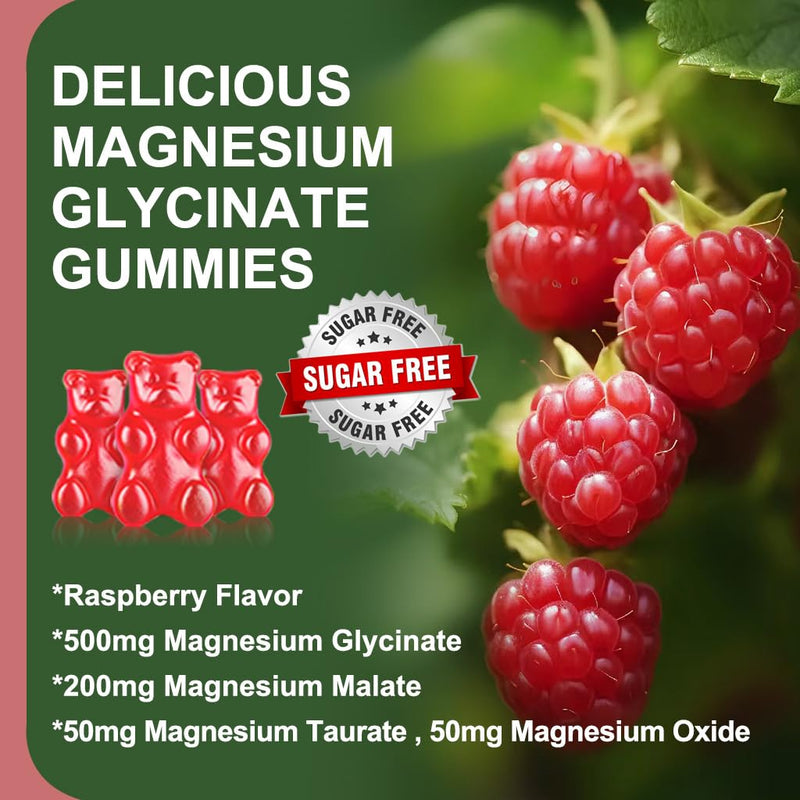 Sugar Free Magnesium Glycinate Gummies, 500mg Magnesium Glycinate with 200mg Magnesium Malate, Taurate, Oxide, COQ10, Vitamin B6 and D3, Sleep & Calm Support, 60 Raspberry Gummies 60 Count (Pack of 1)