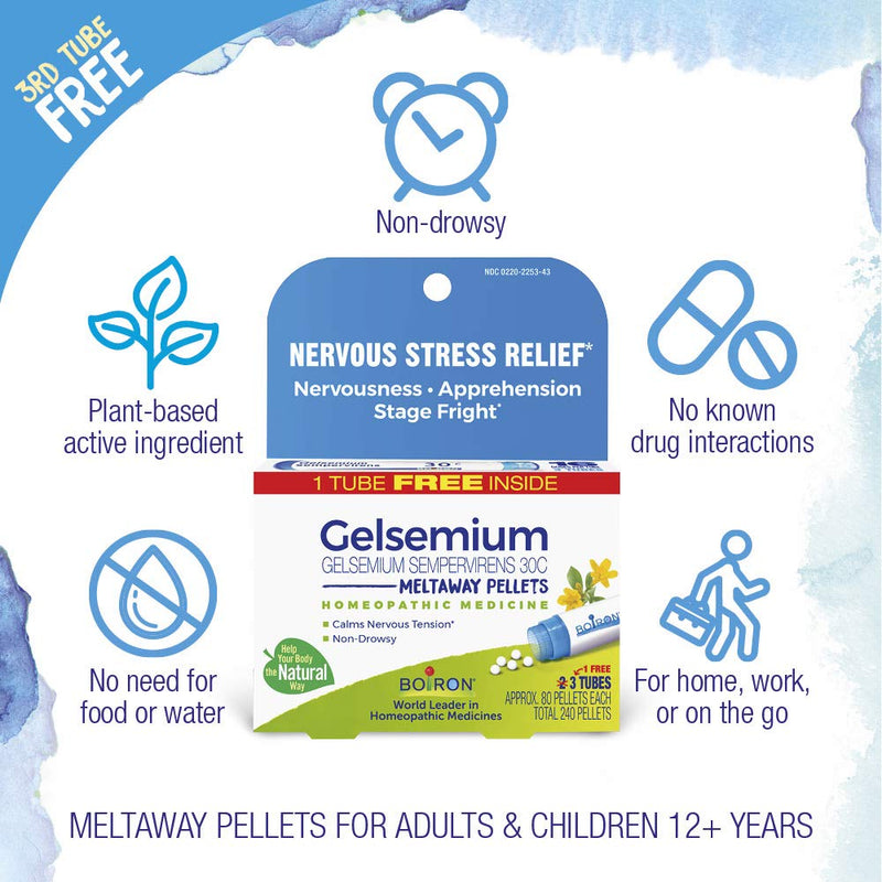Boiron Gelsemium 30C Homeopathic Medicine for Relief from Stress, Nervousness, Apprehension, and Stage Fright - 3 Count (240 Pellets) - BeesActive Australia