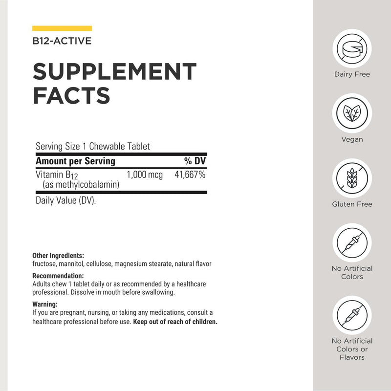 Integrative Therapeutics B-12 Active, Vitamin B12, Supports Nerve Function*, Cherry Flavored, 30 Chewable Tablets - 2 Pack