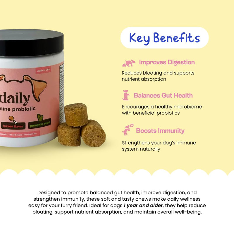 Probiotics for Dogs, Gut Health, Digestive Support & Occasional Diarrhea Relief - Turkey Flavor - 30 Soft Chews