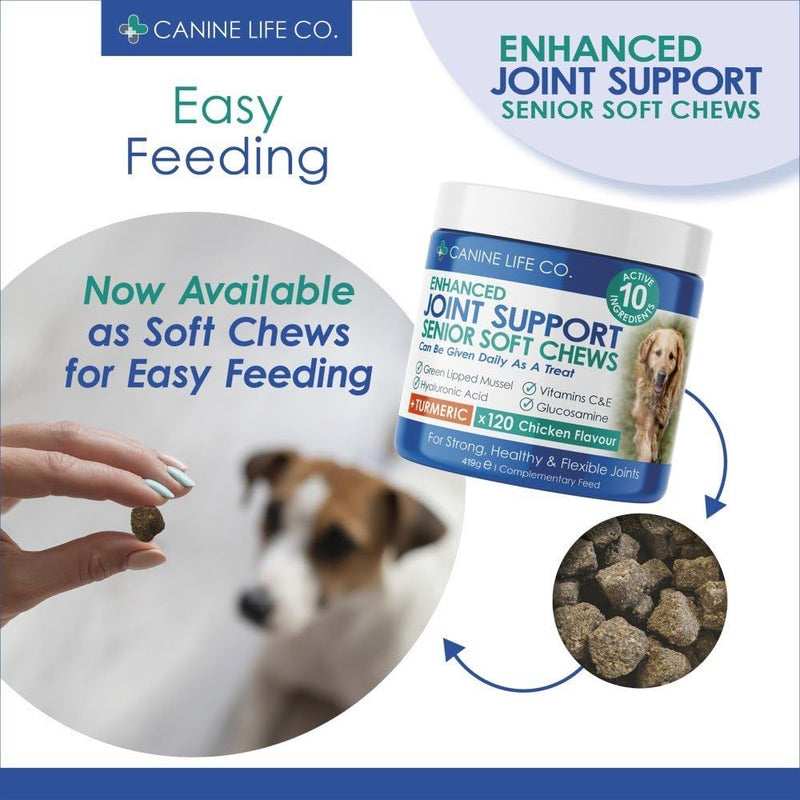 Canine Life Co. Senior Dog Joint Supplement – 10 Active Ingredients with Glucosamine, Green Lipped Mussel & Turmeric – High Strength Soft Chews for Dogs Aged 8+ – 120 Chicken-Flavoured Treats