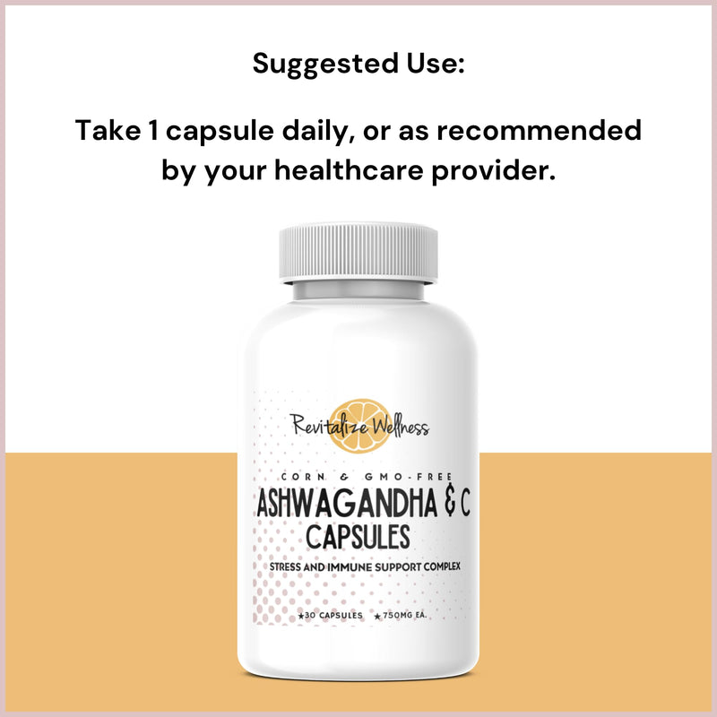 Ashwagandha + Vitamin C Capsules | Stress and Immune Support Complex | with 550 mg Ashwagandha and 200 mg Vitamin C per Serving | 30 Servings