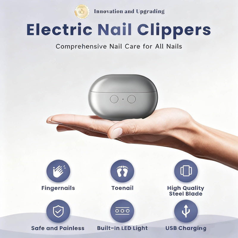 Grey Electric Nail Clippers with LED Light, USB Rechargeable Smart Nail Trimmer, 3-in-1 Automatic Cutter for Thick Nails, Low Noise Design with 500mAh Battery, Ergonomic Handle for Easy Care - BeesActive Australia