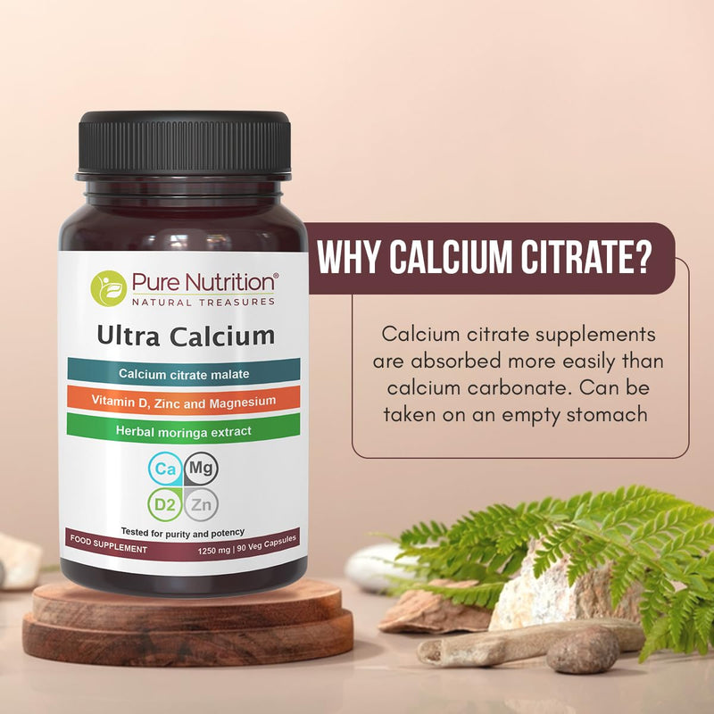Pure Nutrition Ultra Calcium Citrate 1000mg Highly absorbable Calcium Supplement with Calcium Citrate Malate, Vitamin D, Zinc and Magnesium - 1 Tablet Daily (180 Veg Tabs) Non-GMO | Gluten-Free 1 Count (Pack of 1)
