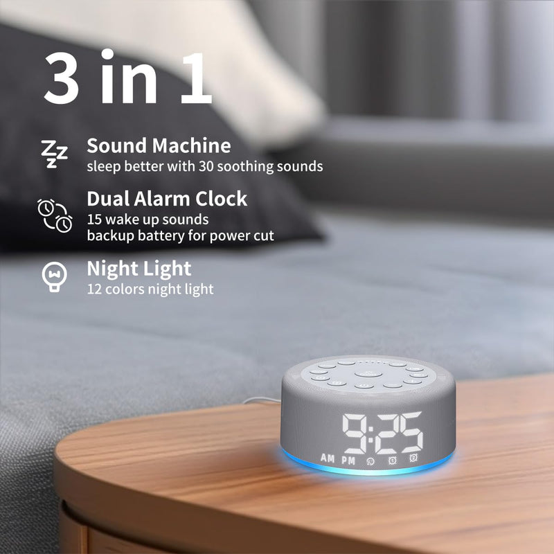 Sound Machine Night Light White Noise Brown Noise Machine Alarm Clock with Dual Alarms Backup Battery 30 Sleeping Sounds for Baby Kids Adults 32 Level Volume 5 Timers 15 Wake Up Sounds Memory Function Grey F4 - BeesActive Australia