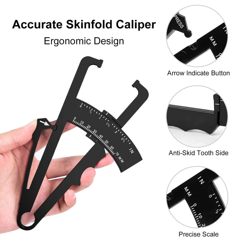 Body Fat Caliper and Body Measure Tape 60inch for Accurately Measuring BMI Skin Fold Fitness and Weight-Loss(Black) - BeesActive Australia