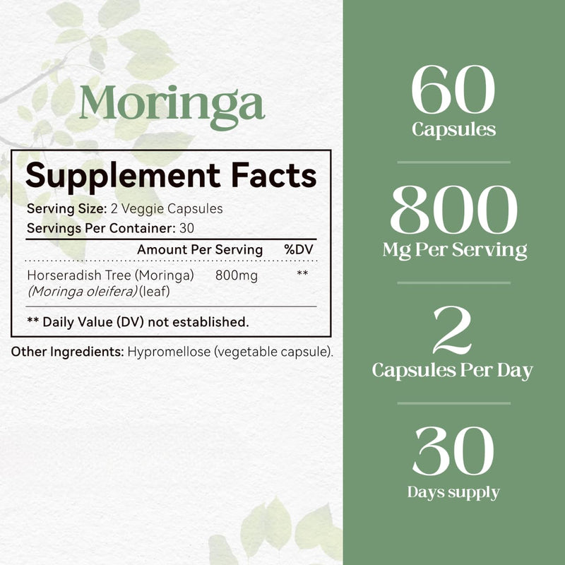 Moringa Pure Capsules 800mg Supplment, Supports Energy, Skin & Gut Health, Non-GMO & Gluten Free, Made in USA - 60 Vegan Capsules