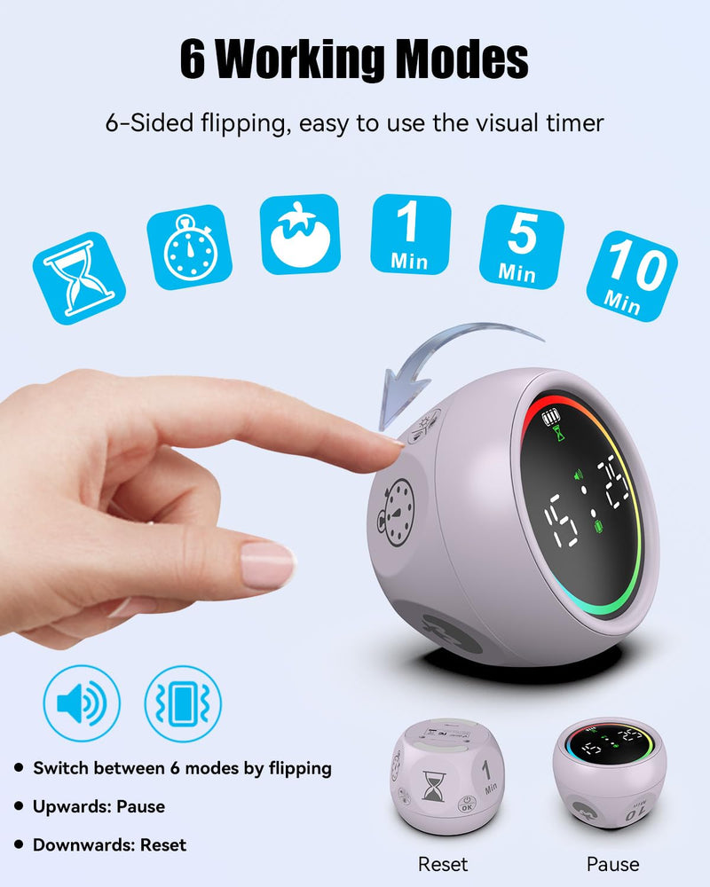 Pomodoro Timer Cube, Productivity Timer for Kids with 1/5/10 Min Preset, Custom Countdown and Stopwatch, Mute & Vibration & Sound Alert, for ADHD, Study, Work, Fitness, Kitchen (Purple) Purple