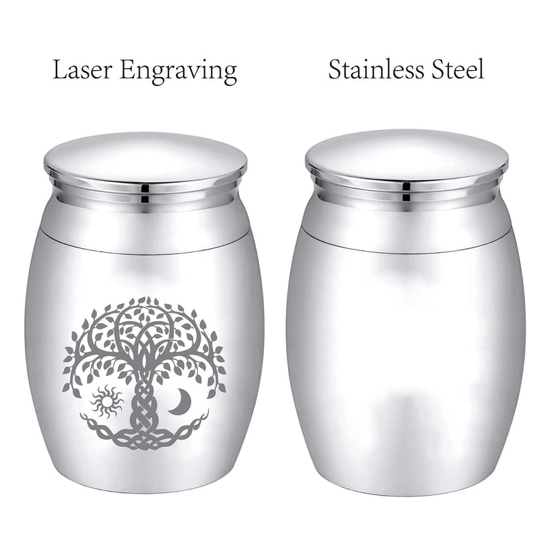 CREATCABIN Small Urns for Ashes, Mini Urns for Ashes, Keepsake, Memorial, Stainless Steel, Metal, Funeral Urn, Sun, Moon, Funeral for Pet, Human, Dog, Cat, 4x3cm, Tree of Life (Silver) Tree of Life - BeesActive Australia