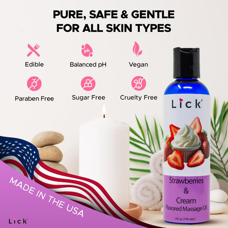 Lick Strawberries and Cream Flavored Massage Oil ‚Äì Romantic, Body Safe, Non-Greasy Formula, Date Night 4 oz 4 Fl Oz (Pack of 1) - BeesActive Australia