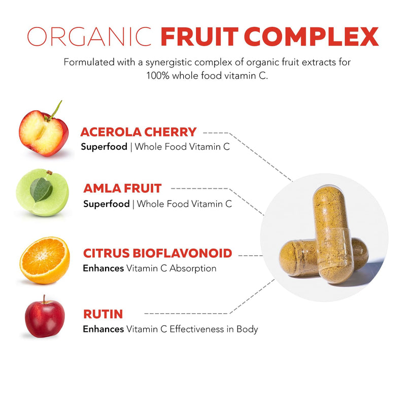 Organic Vitamin C | Whole Food Vitamin C from Fruit Plus Absorption Enhancing Cofactors - Vegan, Enhanced Bioavailability - Immune Support, Antioxidant, Total Health (90 Servings) 90 Count (Pack of 1)