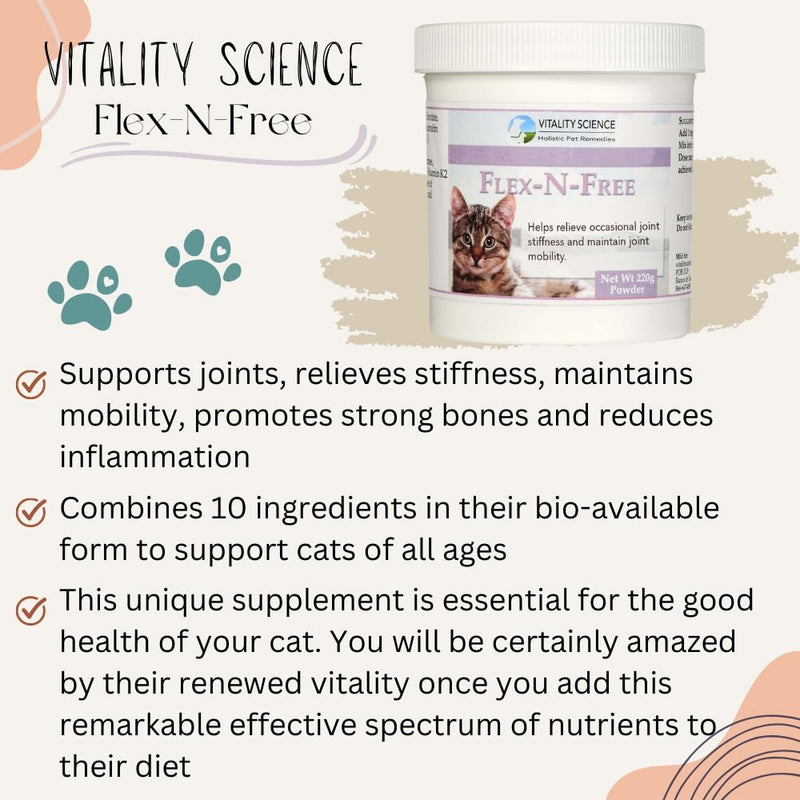 Vitality Science Flex N Free for Cats | Promotes Healthy Bones & Joints | Relieves Joint Stiffness & Maintains Mobility | Reduces Inflammation | Builds Healthy Bone Tissue | 100% Natural (220g) 220g