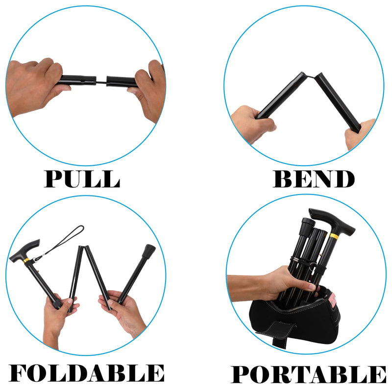 Folding Lightweight Walking Stick - Adjustable Aluminum Metal Collapsible Travel Cane with Non-Slip Rubber Base Black