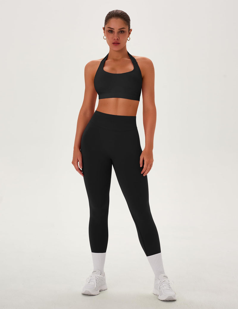 TDIFFUN Women Workout Sets 2 Piece Seamless Scrunch Butt Leggings Padded Halter Sports Bra Matching Set Gym Yoga Outfits Black Medium