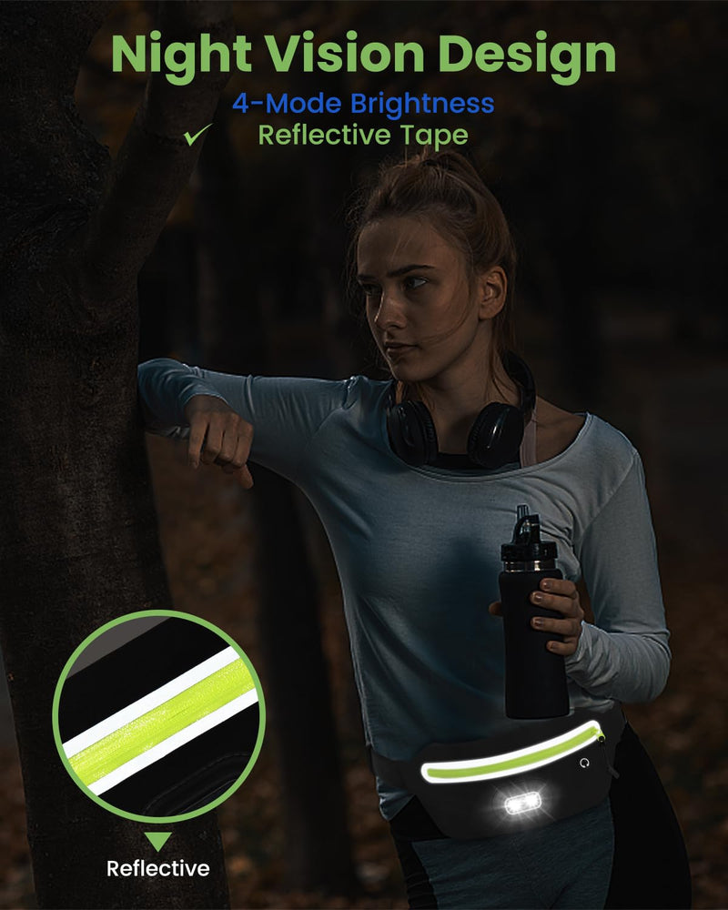 Slim Fanny Pack for Men Women, Running Belt Bag Waist Pack with Removable Rechargeable RGB Night Light & Reflective Tape, Running Pouch Belt Phone Holder with Earphones Hole