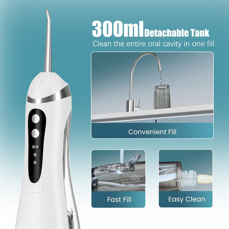 Cordless Water Flosser - Rechargeable Portable with 300ML Generous Tank, 4 Jet Nozzles & IPX7 Waterproof for Teeth Cleaning, Dental Care and Travel