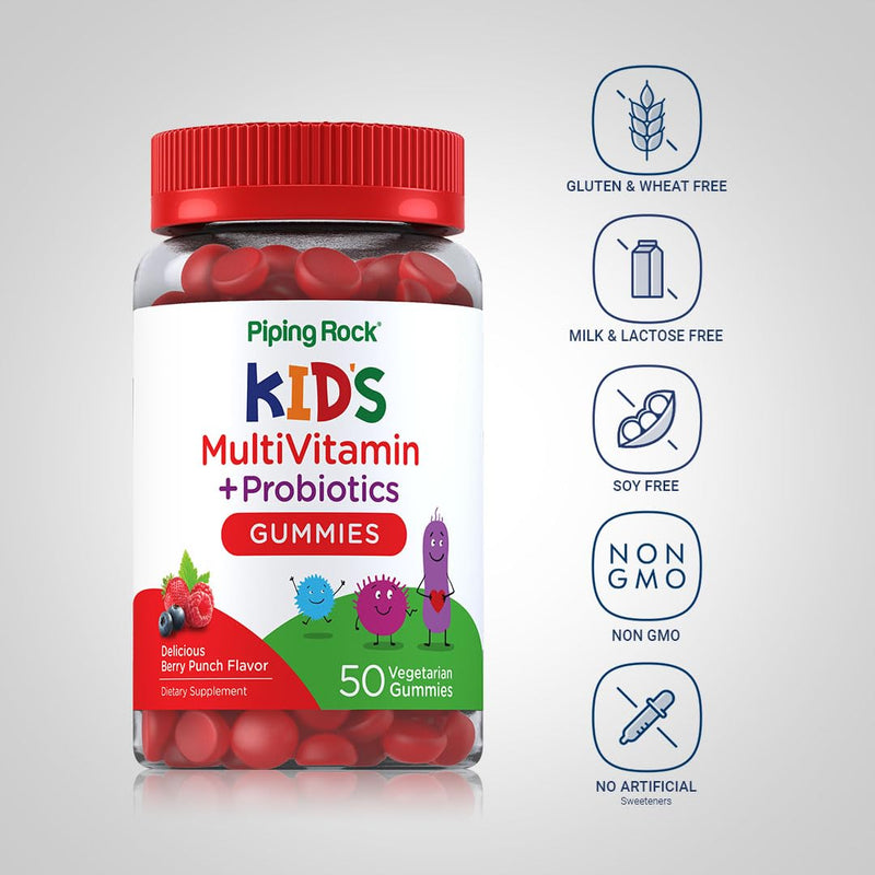 Piping Rock Kid's Multivitamin and Probiotic | 50 Gummies | Berry Punch Flavor | Vegetarian, Non-GMO, Gluten Free Children's Supplement