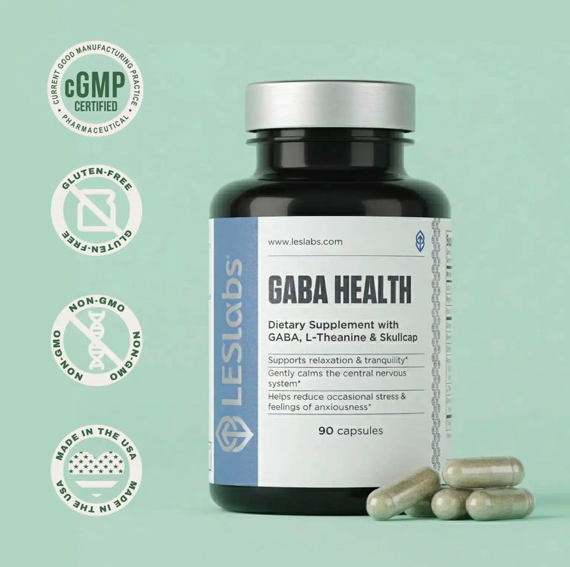 LES Labs GABA Health Supplement for Calm, Relaxation & Sleep, 90 Capsules | Calm, Relaxation, Stress & Sleep Support, GABA, L-Theanine, Magnesium Glycinate, Taurine, Passionflower, Skullcap, Non-GMO