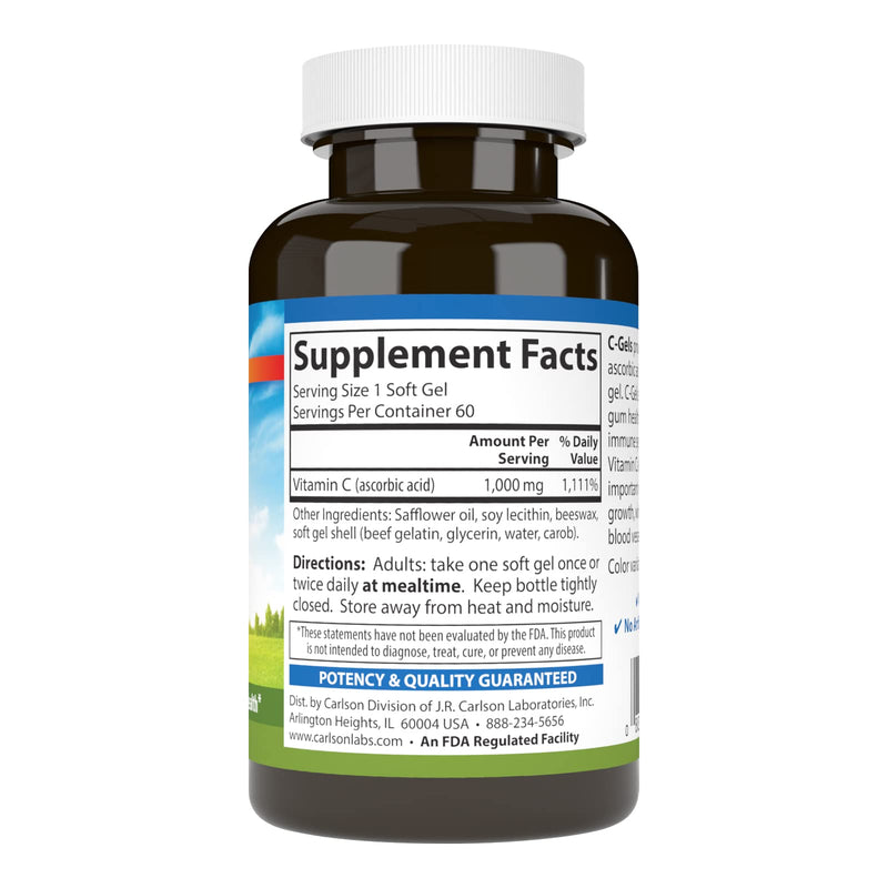Carlson C-Gels, 1000 mg (1 g), Vitamin C Softgels, 60 Softgels | Vitamin C Supplement