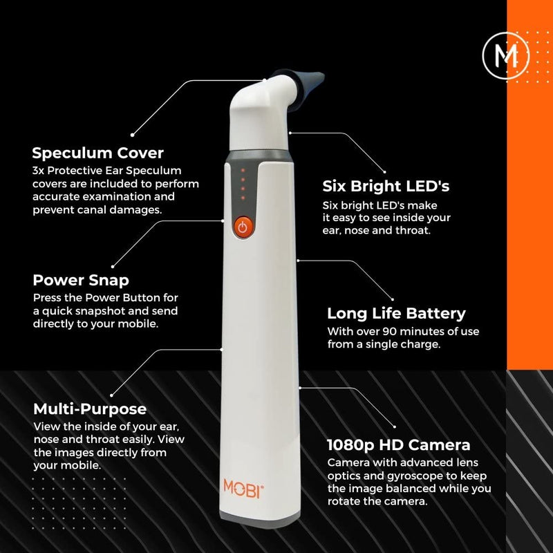 MOBI Connect Wi-Fi Otoscope for Ears, Nose & Throat - 1080P HD Lens, Multi-Axis Gyroscope, 6 LED Lights, 90+ Min Use, 3 Ear Speculum, Suitable for Adults & Children - BeesActive Australia