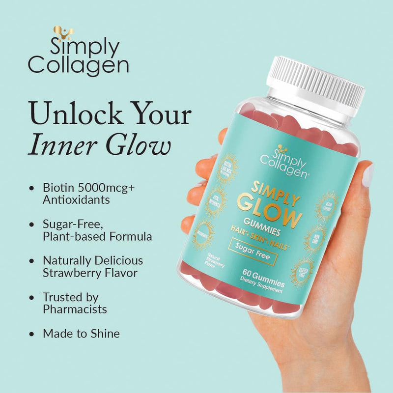 Simply Collagen® Simply Glow Hair, Skin & Nails Gummies – Vegan, Sugar-Free, Gluten-Free – Biotin 5000 mcg – Hair Gummies for Women & Men – 60 Count